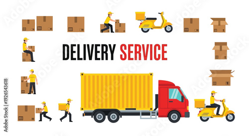 Illustration of delivery service with packages scooters and a large truck