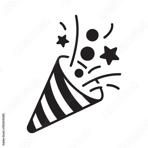 A black and white illustration of a party popper with confetti and stars