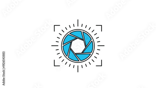 Blue camera shutter or aperture icon with radial lines around it representing photography, focus, and lens capture.