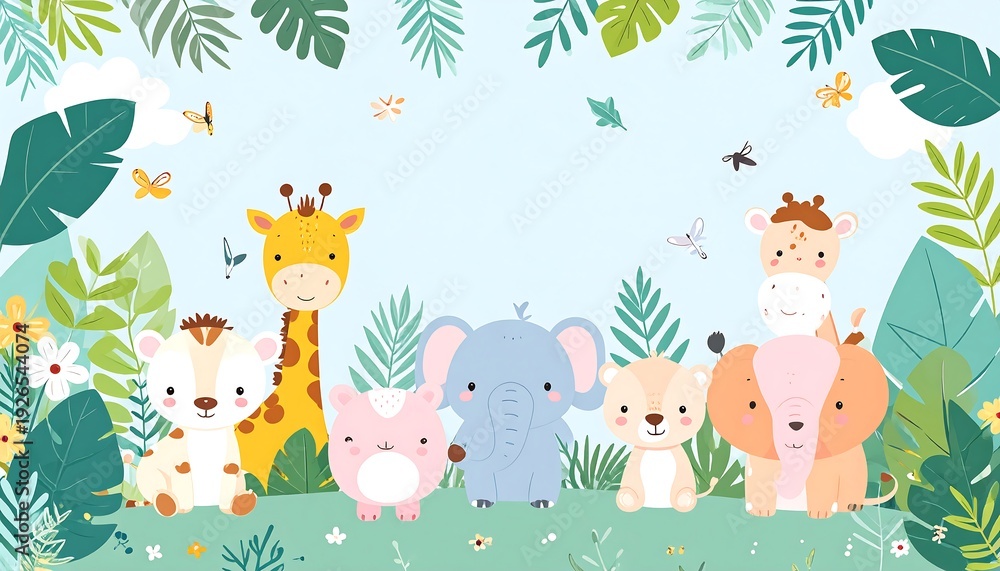 Naklejka premium Delightful illustration of cartoon animals including a giraffe, elephant, lion, and zebra amidst lush greenery