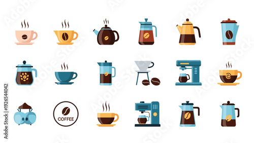 Large set of colorful coffee related icons including cups, pots, machines, and beans on a white background.