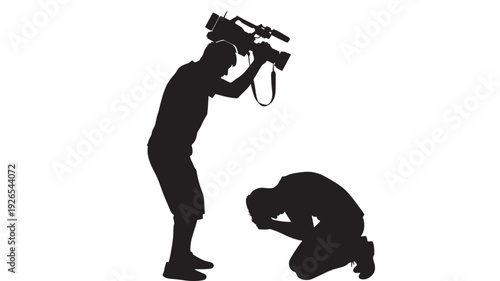 Silhouettes cameraman filming kneeling man with head in hands, dramatic documentary scene, conflict journalism concept, black figures isolated on white background