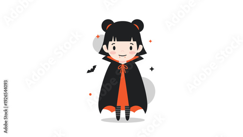 Cute little girl dressed in a black and red vampire costume with a cape for Halloween celebration theme.