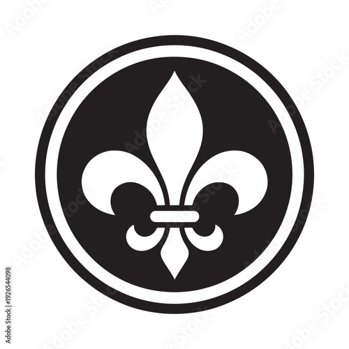 A black and white circular emblem features a stylized fleur de lis design