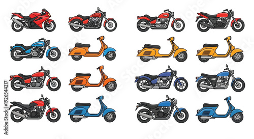 Collection of colorful cartoon motorcycles and scooters arranged in a grid
