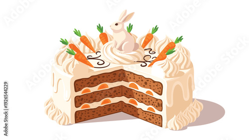 Delicious layered carrot cake with white frosting, mini carrots, and a small bunny topper on white background.