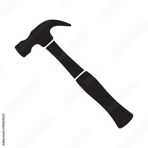 A simple black silhouette illustration of a claw hammer on white