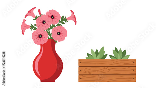 Vibrant pink flowers in a red vase alongside a wooden planter box with green succulents, home decor theme.