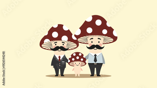 Three cute mushroom characters dressed as a family with suits and ties, whimsical fungi illustration.