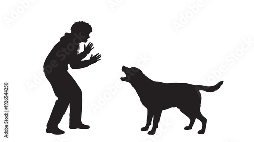 Dog barking at frightened man silhouette, aggressive pet confrontation scene with defensive posture, fear and danger concept, black shapes isolated on white
