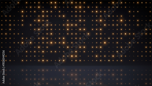 Flashing gold background led disco wall lights, stage. Golden glowing dots light bulbs abstract dark background, backdrop. Bright flicker stage lights. Futuristic dot pattern. Vector illustration
