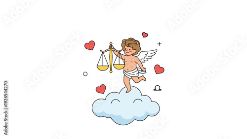 Angelic cupid character floating on a cloud holding a balance scale surrounded by red hearts, love theme.