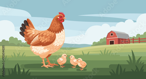 Hen with three chicks in a sunny farmyard setting  