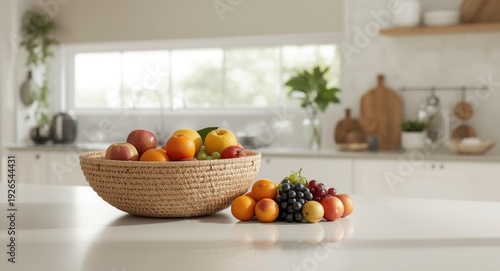 Wallpaper Mural Minimalist kitchen interior with a textured straw basket and an assortment of fruit Torontodigital.ca