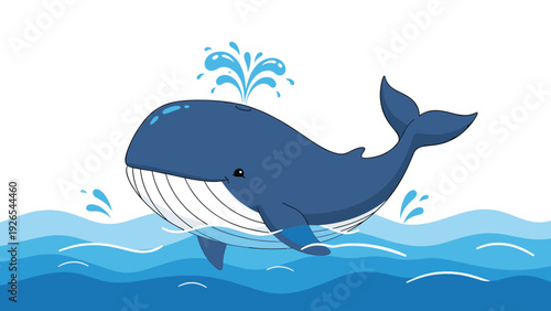 Large blue whale jumping out of ocean waves while spouting water from its blowhole, sea life illustration.