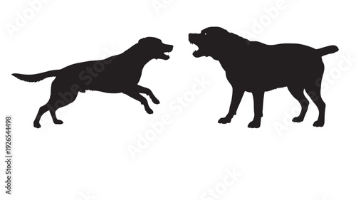 Dogs silhouette pair with one jumping and one standing barking, black animal shapes isolated on white background, canine confrontation and play behavior concept