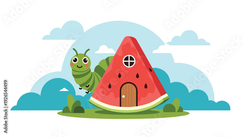 Cute green caterpillar sitting next to a red watermelon slice turned into a cozy house with a door and window.