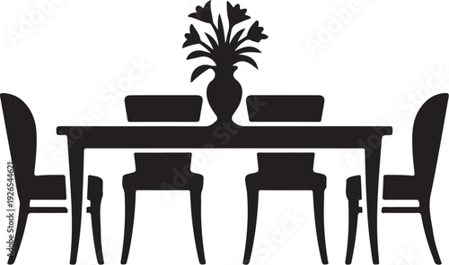 Black silhouette of dining table with chairs and flower vase