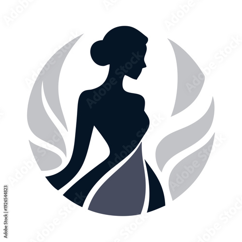 Logotipo de boutique de moda femenina. Dibujo sencillo con la silueta de una mujer con un vestido con ondas en círculo, vista de perfil