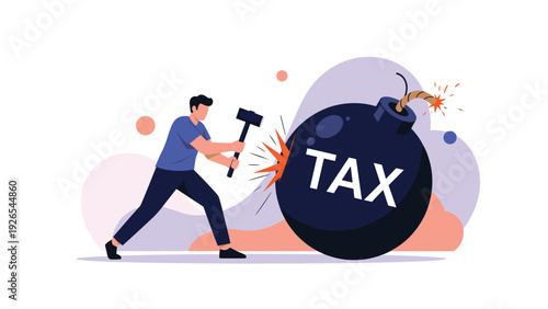 Man hitting a large bomb with the word tax written on it using a heavy sledgehammer, financial stress concept.