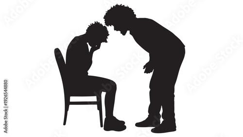 Silhouettes of parent scolding child sitting on chair with head in hands, family conflict and discipline concept, black figures isolated on white background