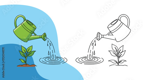 Garden watering can pouring water onto a small green plant in a pot, shown in color and line art versions.