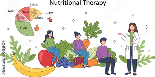 Nutritional Therapy Illustration with Doctor Patients Healthy Food Fruits Vegetables Diet Chart Wellness Nutrition Concept Vector