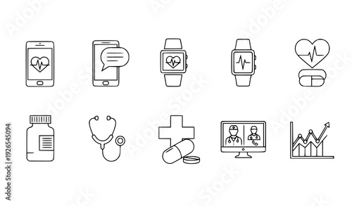Modern editable line digital health icons for telemedicine, medicine, and wearable technology