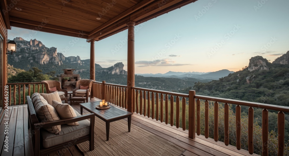 Obraz premium Inviting wood balcony with table couch and panoramic view of natural rocks