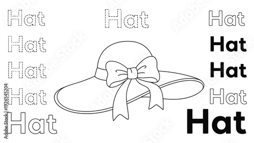 Educational handwriting practice worksheet for children featuring a wide-brimmed lady hat with a bow and multiple word tracing exercises.