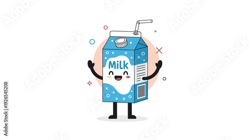 Adorable blue and white milk carton mascot character with a happy face and arms raised in a friendly greeting on white background.