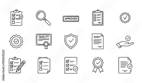 Creative editable quality control line icons for check, review, audit, and approval symbols
