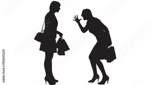 Women shopping silhouette arguing with handbags, one gesturing angrily while the other stands listening, black cutout figures on white background concept illustration