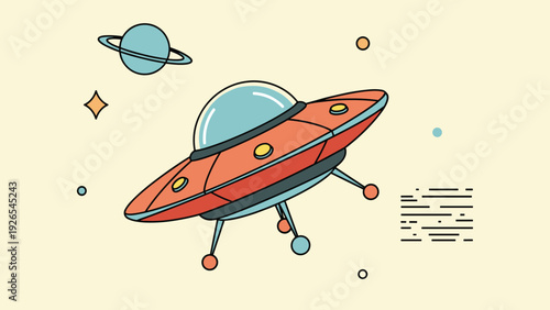 Retro style ufo spaceship flying through space surrounded by planets and stars in a colorful cartoon illustration for sci-fi themes.