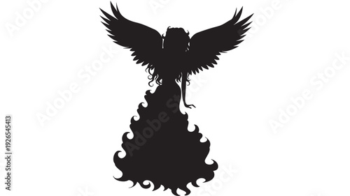 Angel silhouette with wings outstretched and flowing hair in black featuring mystical, spiritual, divine with heavenly and cherub elements for seraph, fantasy projects, clean composition on simple