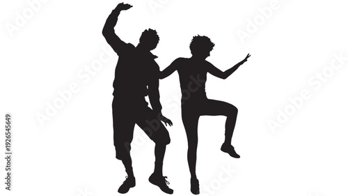 Dancers silhouette couple performing energetic street dance poses, black human figures isolated on white background, hip hop freestyle movement concept illustration