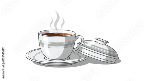 Elegant white ceramic cup filled with steaming hot coffee or tea resting on a saucer with a lid placed nearby on white background.