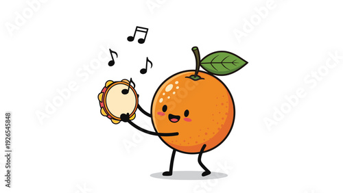 Fun orange fruit character with a smiling face and small arms playing a tambourine with musical notes floating around him.