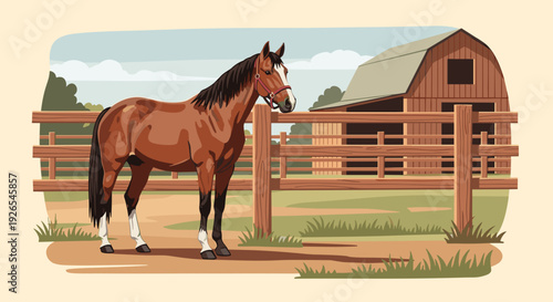 Brown horse standing beside barn in countryside setting  