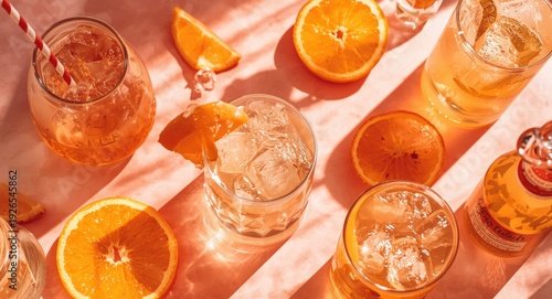 Summer-themed flat lay of citrus punch, seltzer, and mocktails styled with warm lighting and copy space