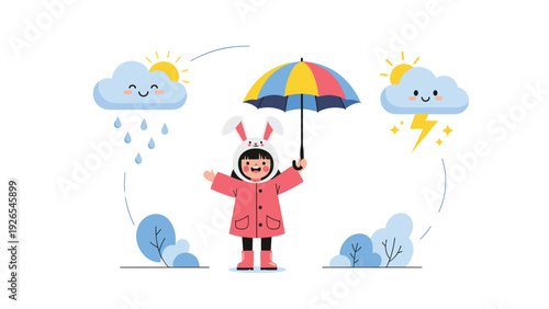 Little girl in a bunny raincoat holding a colorful umbrella surrounded by clouds with rain, sun, and lightning for weather education.