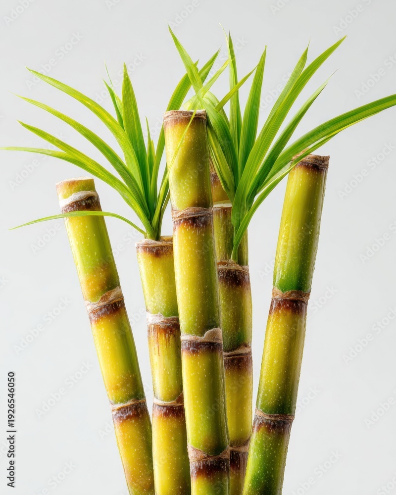 Fototapeta premium Fresh sugarcane stalks with vibrant green leaves on white background organic farm still life for design, packaging, label, background