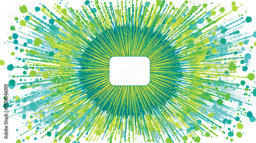 Abstract burst of green, teal, and yellow shapes with a central white square