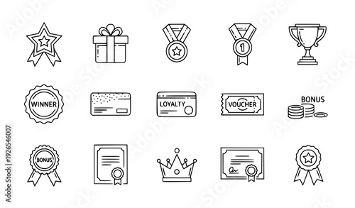 Editable benefit line icon set for reward, bonus, loyalty, and award illustrations