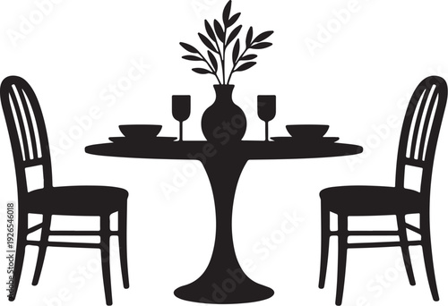 Black silhouette of dining table with two chairs and place settings