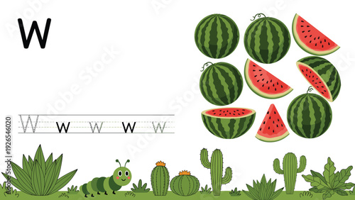 Educational letter W worksheet featuring watermelons, cactus plants, a caterpillar, and tracing lines for handwriting practice.