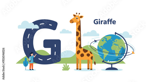 Educational graphic for the letter G featuring a tall giraffe, a schoolboy, and a world globe with a road-patterned letter.
