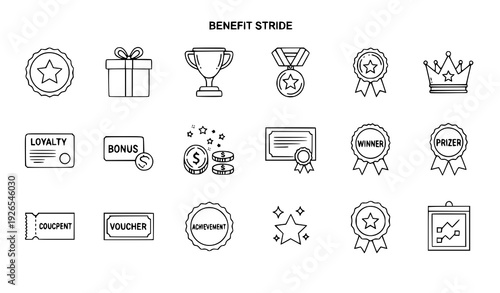 Creative editable benefit line icons for rewards, bonuses, loyalty, and award illustrations