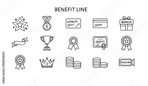Modern editable line benefit icons for reward, loyalty, bonus, and achievement graphics