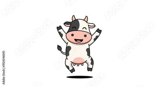 Happy black and white spotted cow character jumping with its hooves in the air in a celebratory and joyful cartoon illustration.